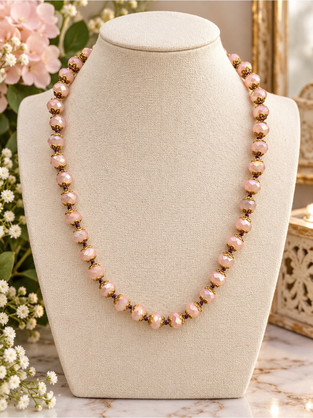 Blush Pink Glass 20 inch necklace handknotted purple cord Aprilsplace